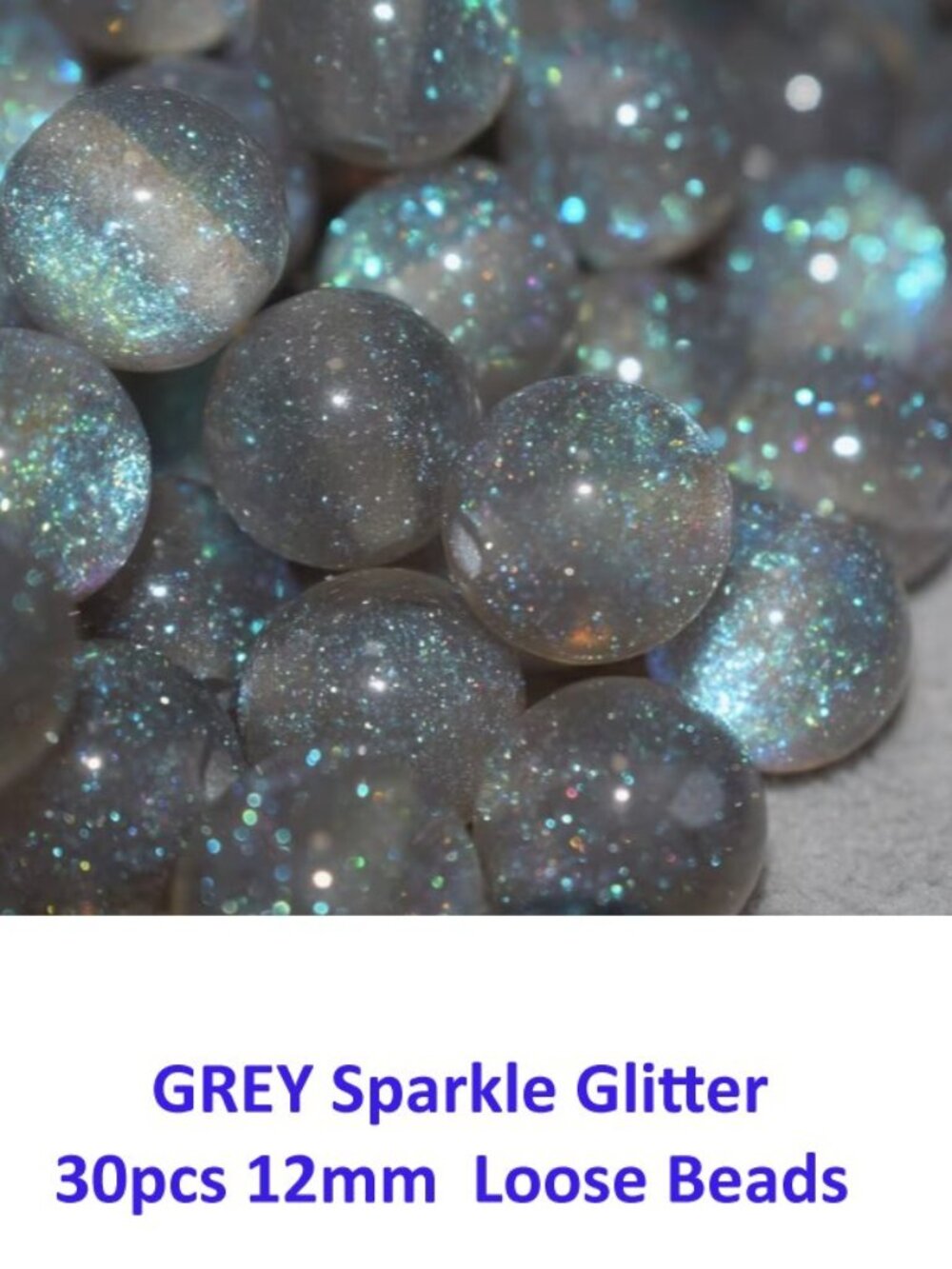 Grey Sparkle Glitter Resin Loose Beads  30pcs 12mm